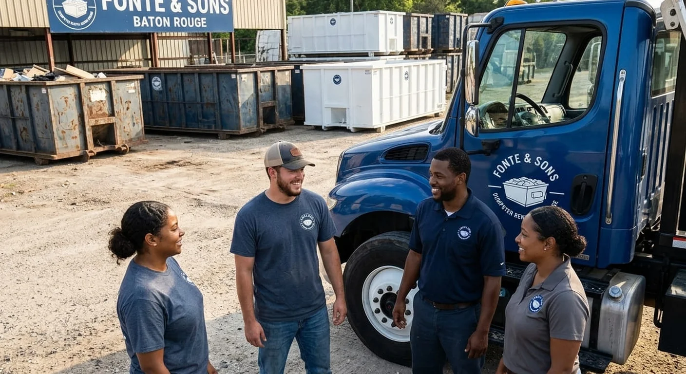 Meet the Fonte & Sons Dumpster Rental Team - Baton Rouge, LA The Fonte & Sons Dumpster Rental team talking through a job near the company yard in Baton Rouge